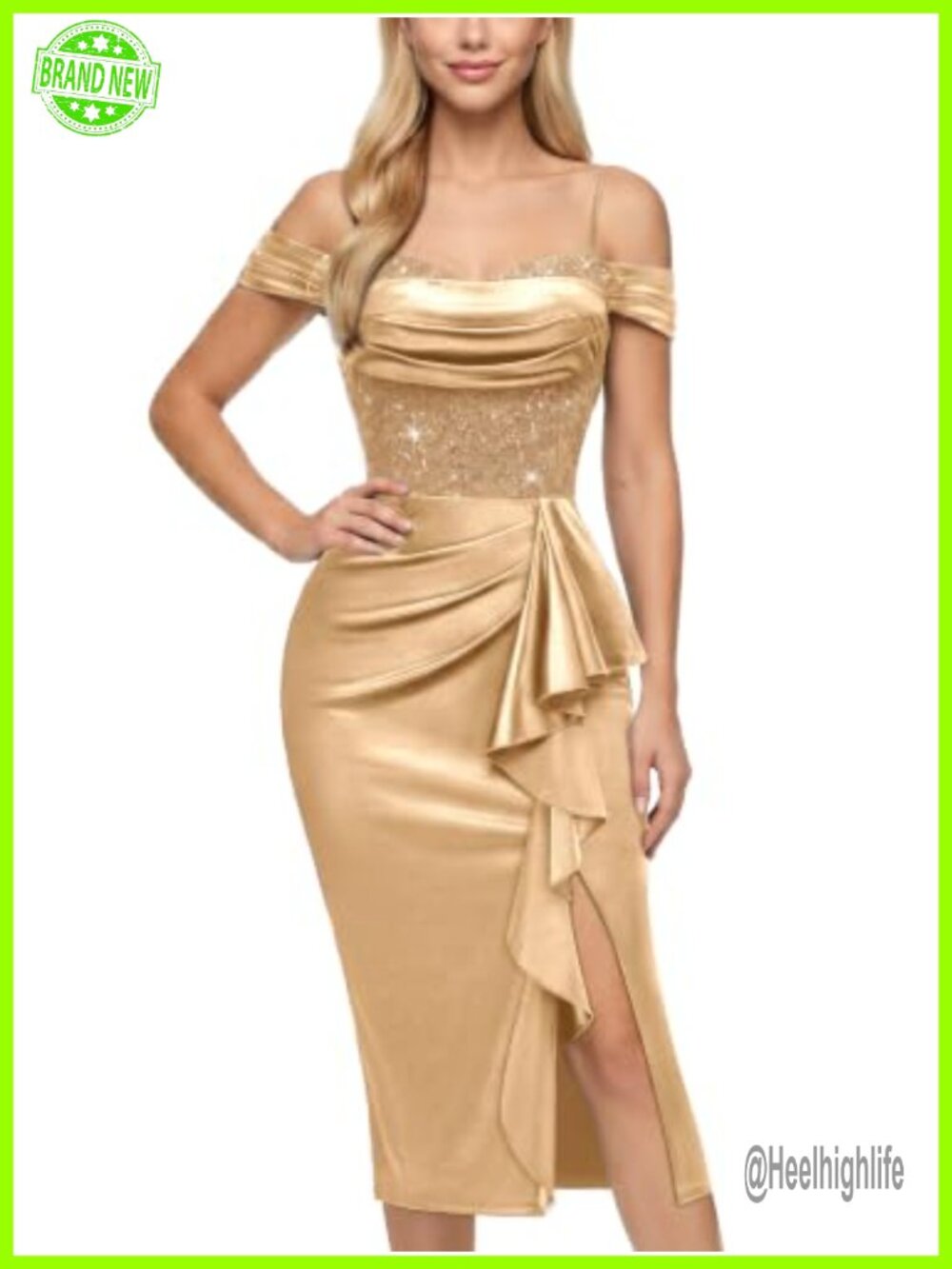 Off Shoulder Sequin Lace Ruffle Formal Party Dress